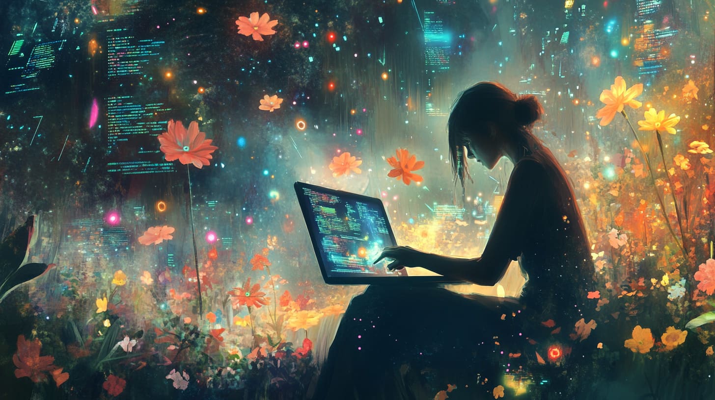 Woman programming in a digital garden
