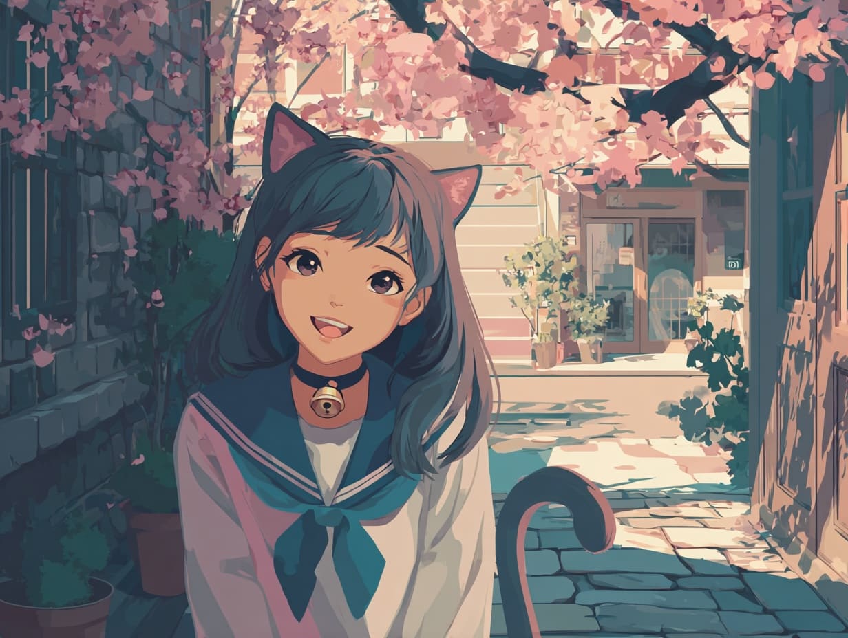 Classic 2000s anime catgirl character in school setting