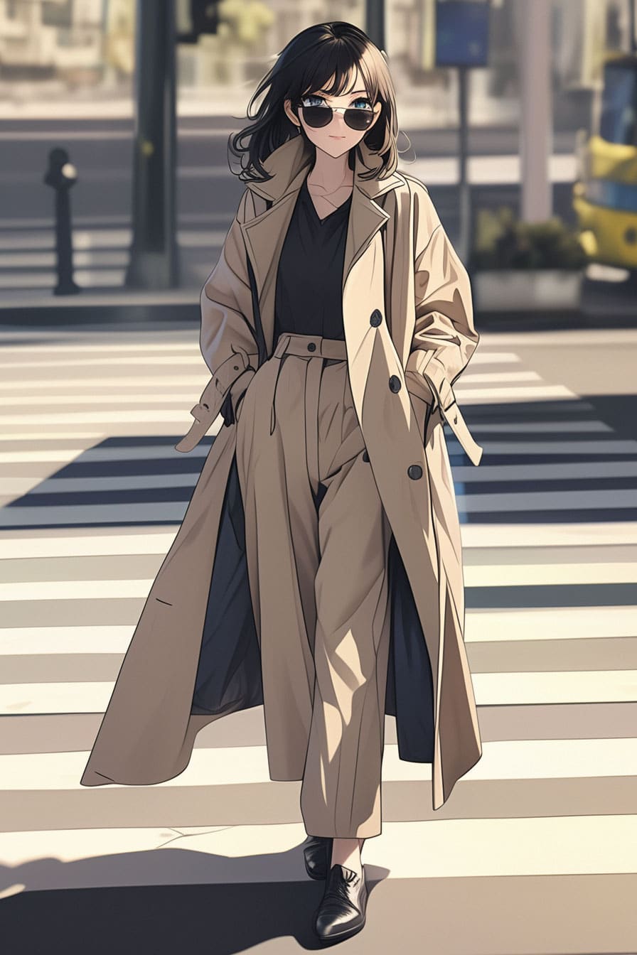 Josei fashion influencer - trenchcoat in crosswalk