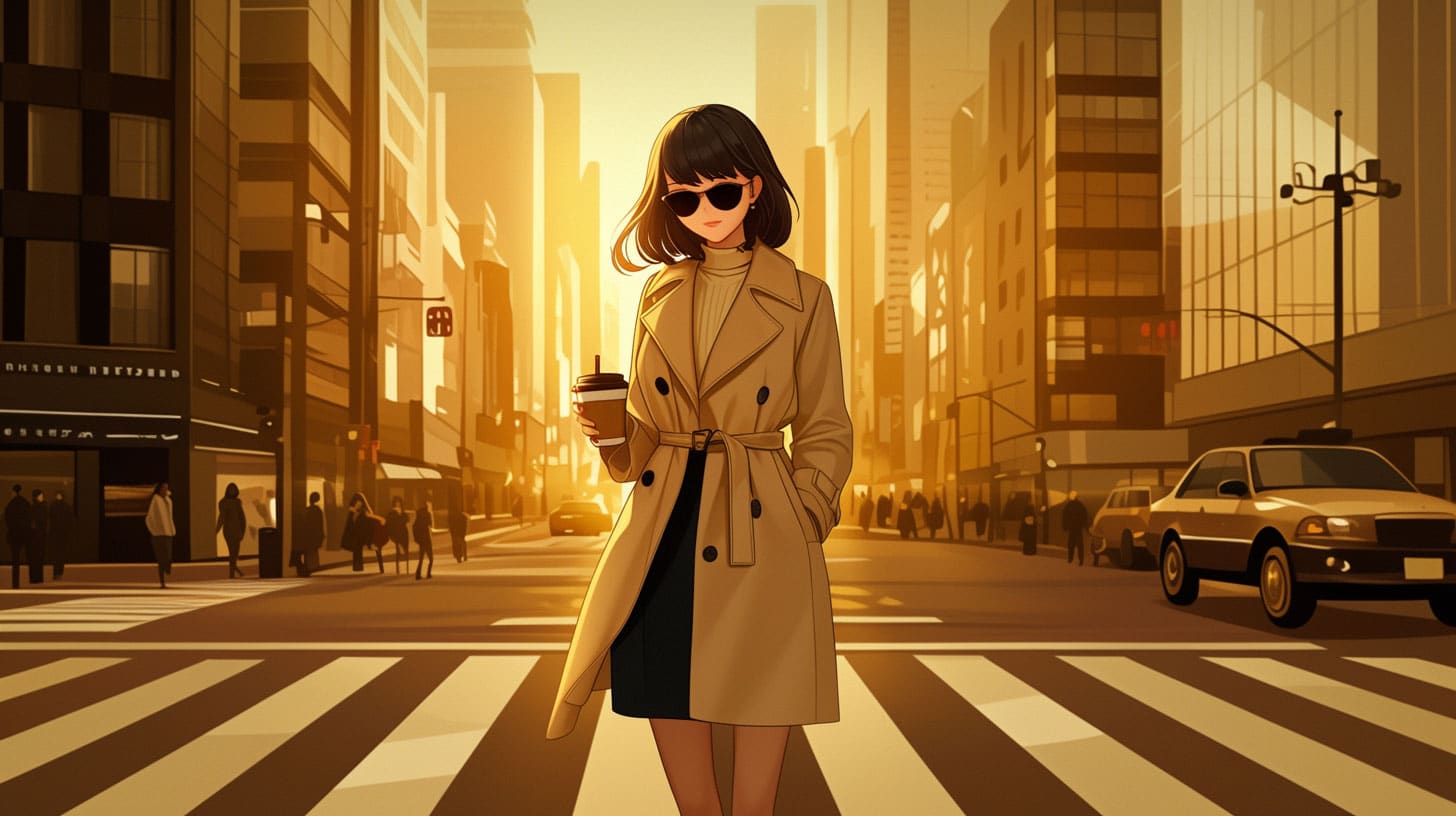 Josei fashion influencer - in the crosswalk at sunset