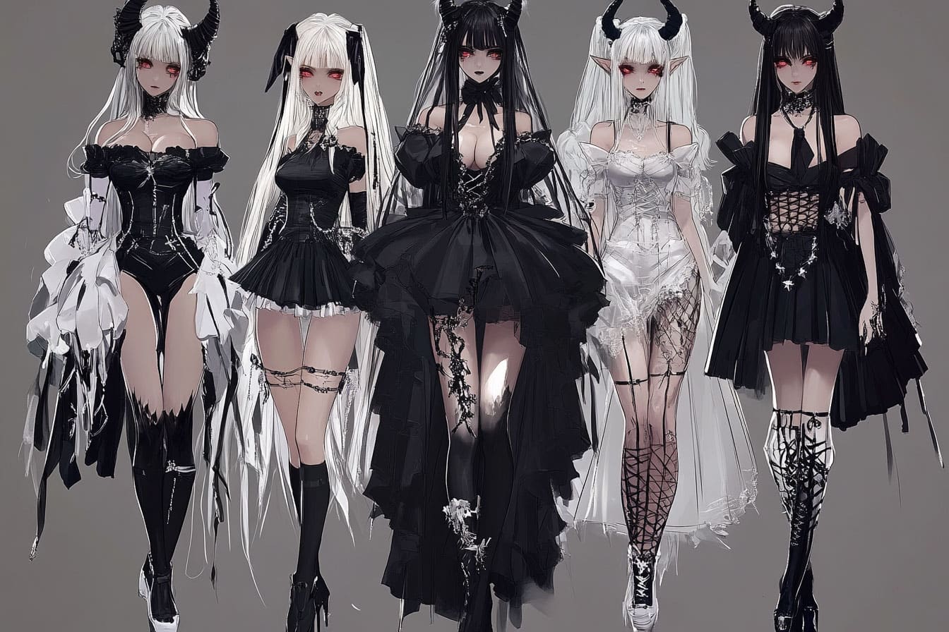 Josei anime women in black and white gothic dresses