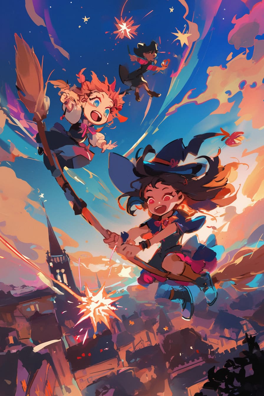 Chibi Wizards flying on broomsticks