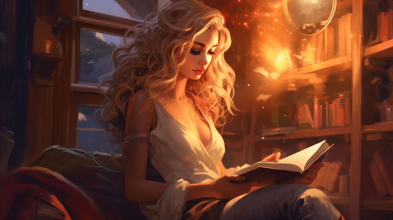 Blonde reading by bookshelves in a quiet moment.