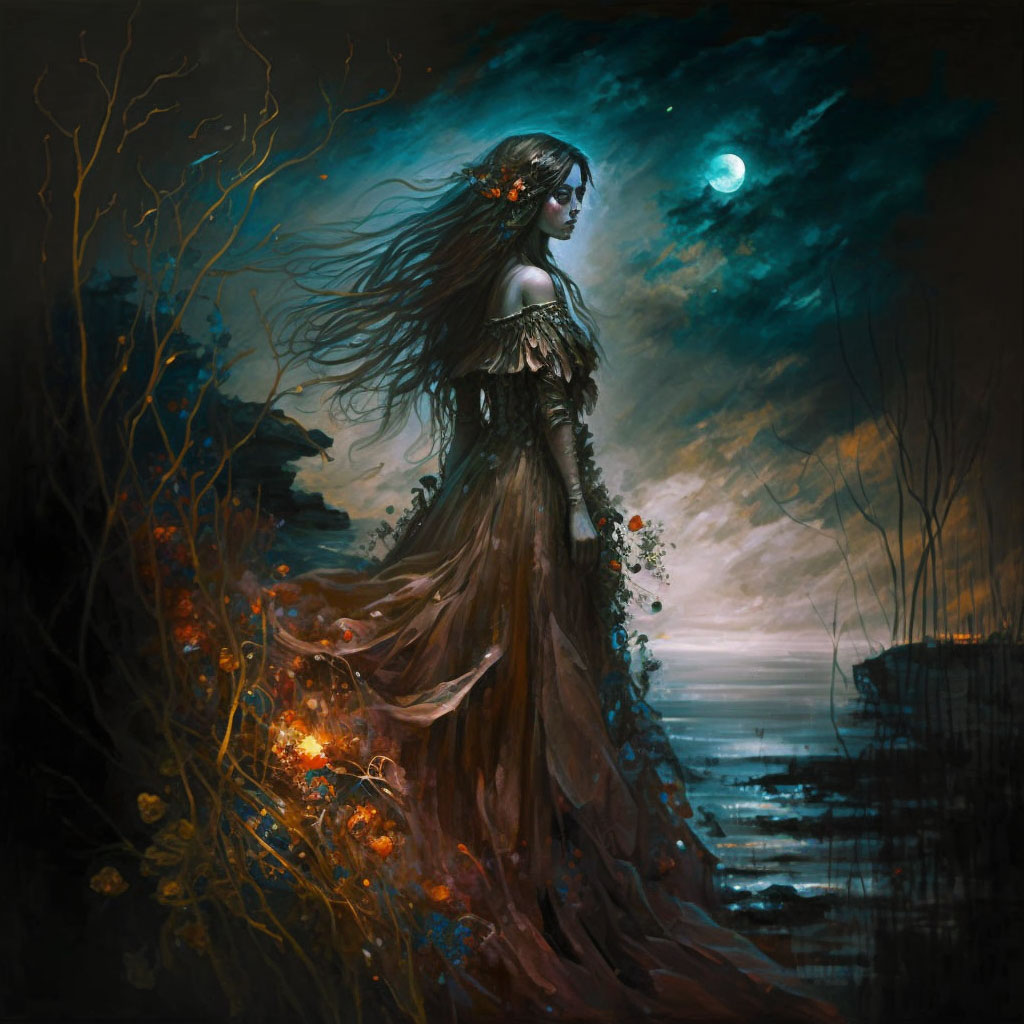 Dark feminine art landscape with mysterious figure