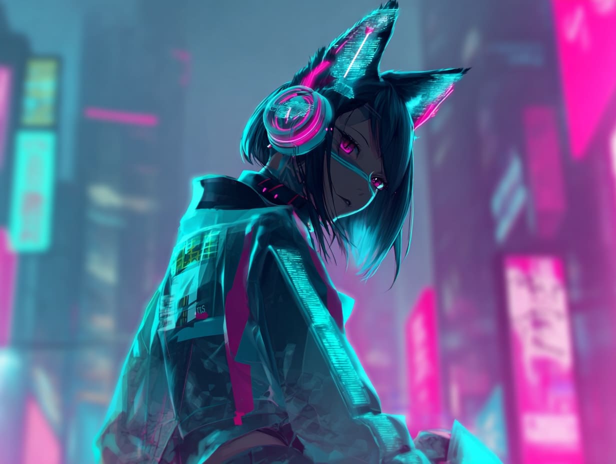 Modern cyberpunk kemonomimi wolf girl with holographic effects