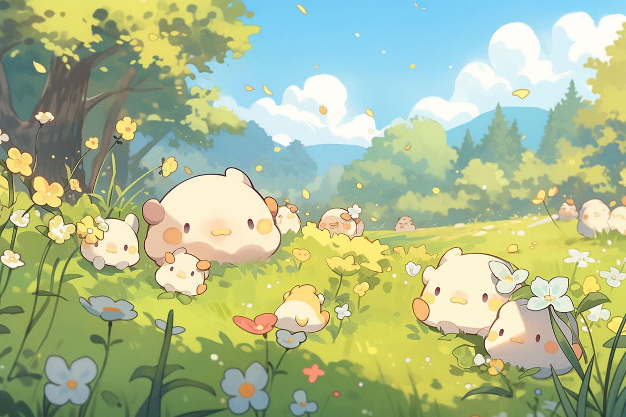 Kawaii characters in a meadow