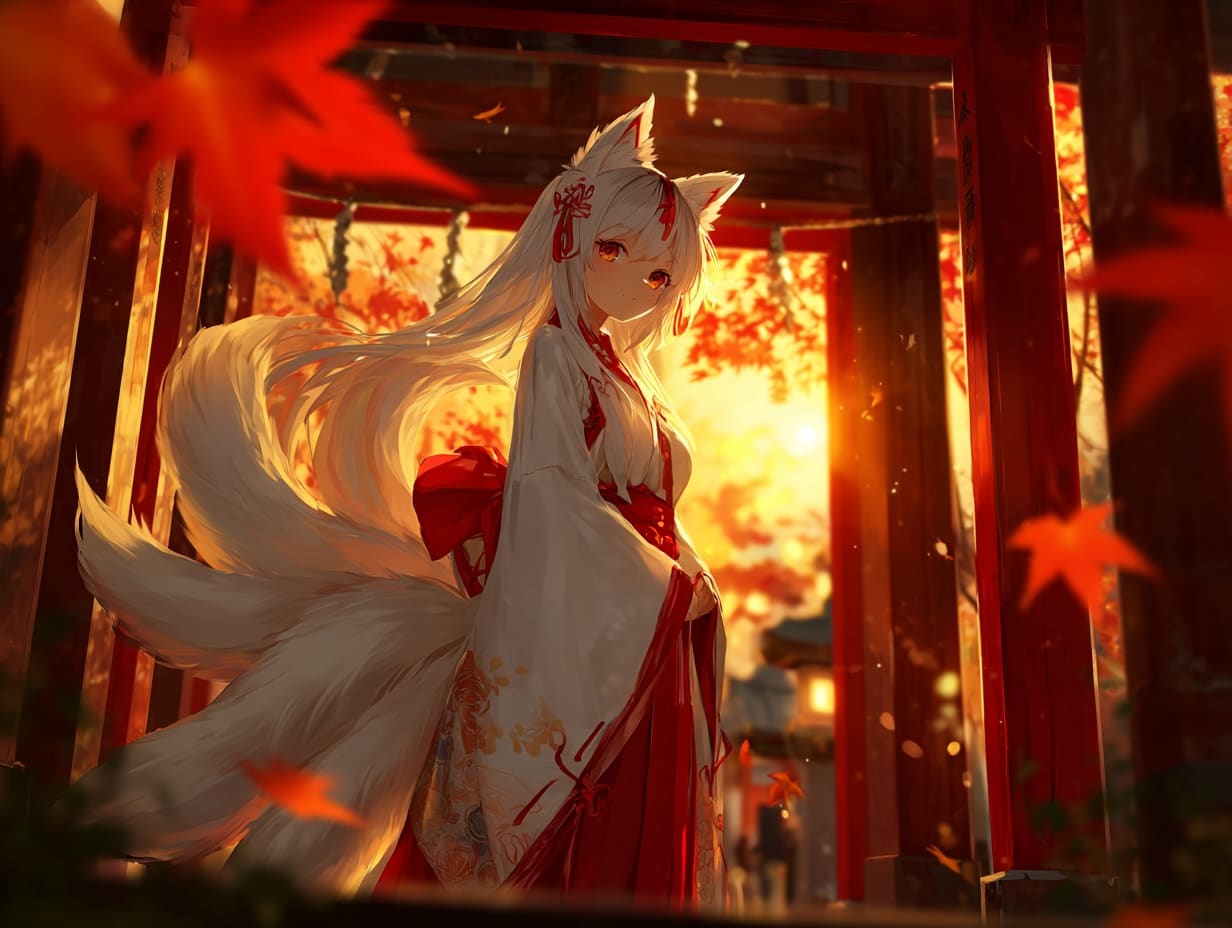 Elegant kitsune shrine maiden with nine tails at a Japanese shrine
