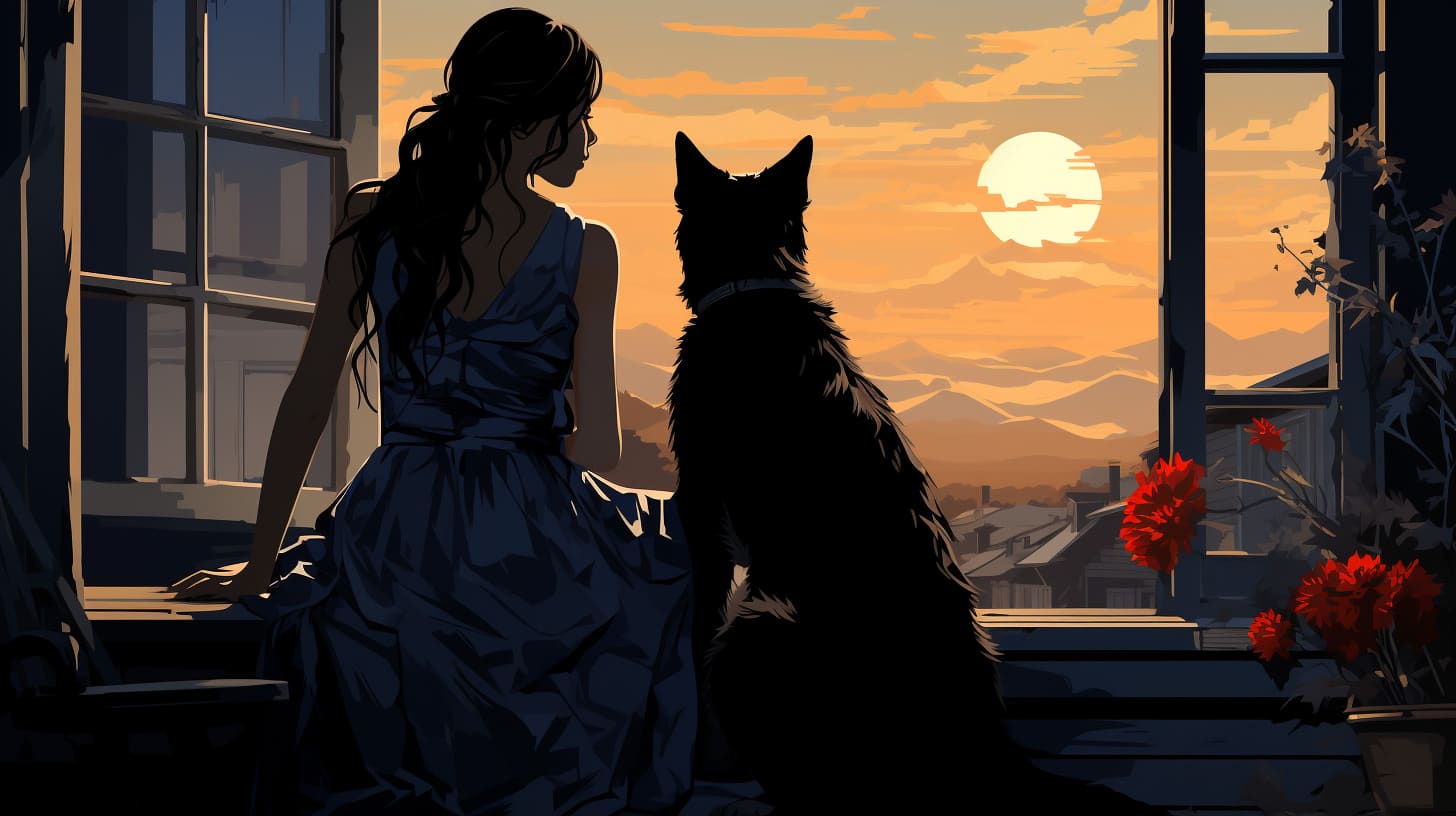 Woman with her husky in the window