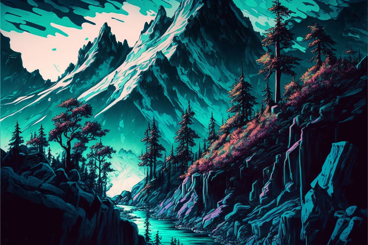 mountain landscape painted with fine tip paint markers