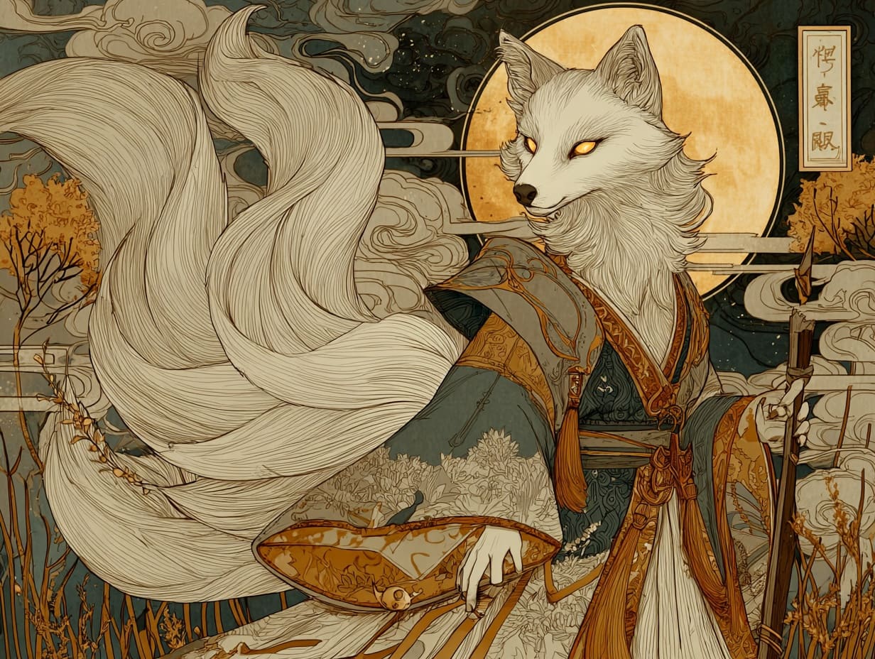 Traditional Japanese kitsune fox spirit in ukiyo-e art style