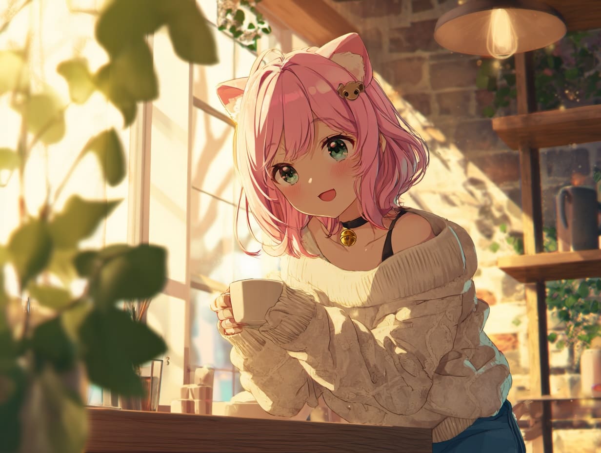 Anime catgirl character with pink hair in a cozy cafe setting