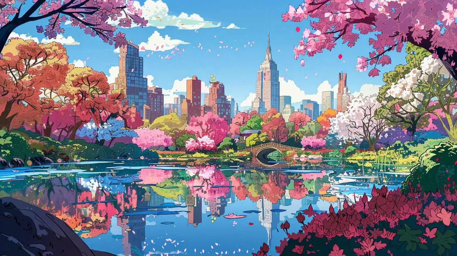Cherry blossoms in full bloom over a Central Park path