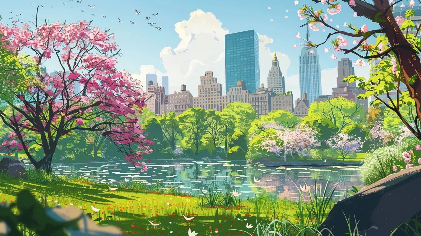A pond dotted with water lilies in Central Park