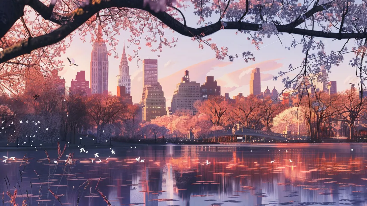 A park scene bursting into bloom in springtime