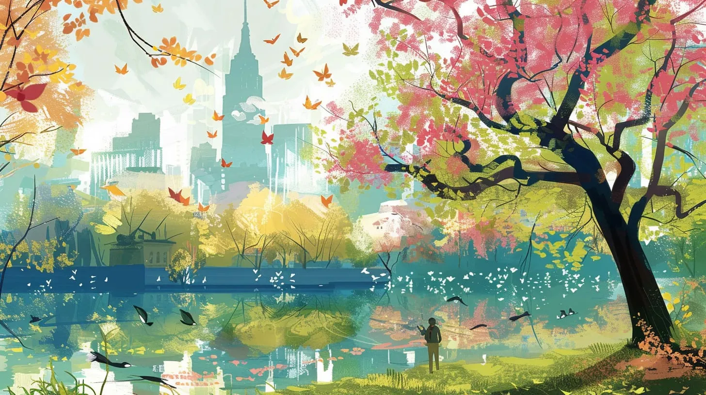 Blossoming trees lining a city sidewalk in spring
