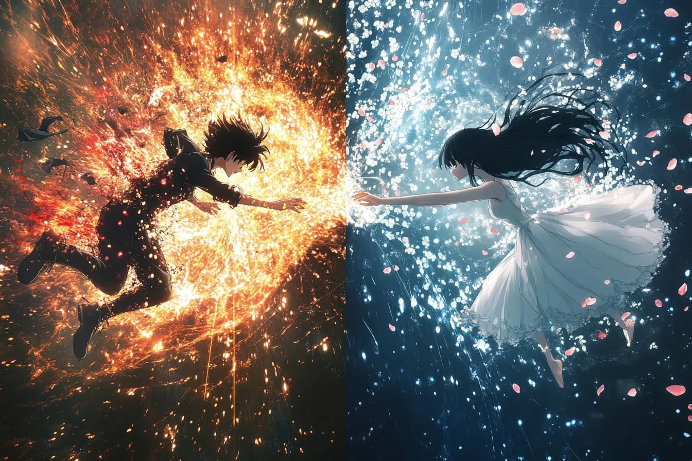 Stylized illustration blending shonen action energy with shojo sparkle aesthetics in a dynamic burst