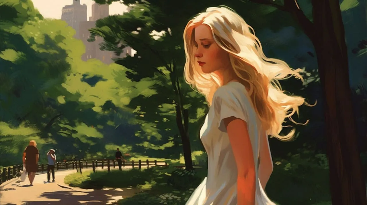 A blonde woman enjoying Central Park in summer