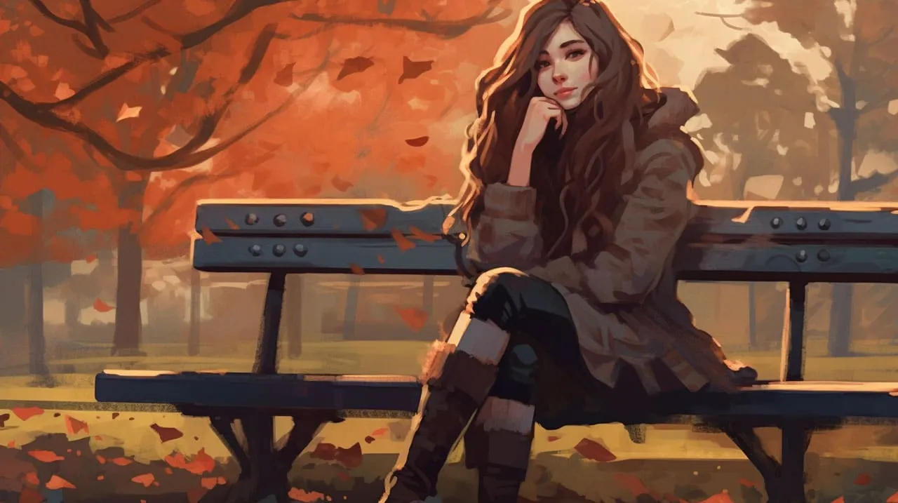 A woman sitting on a park bench in autumn