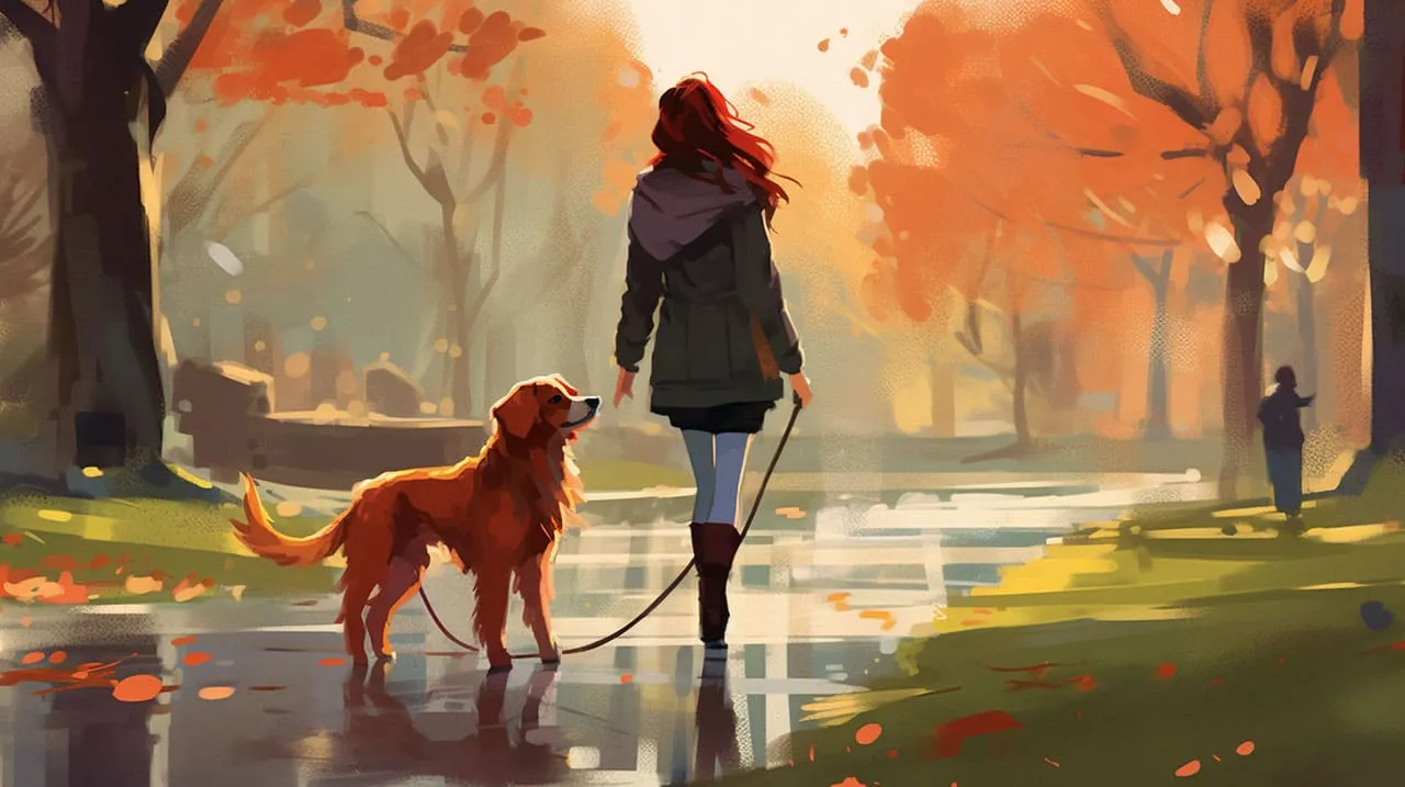 A woman walking her dog through Central Park