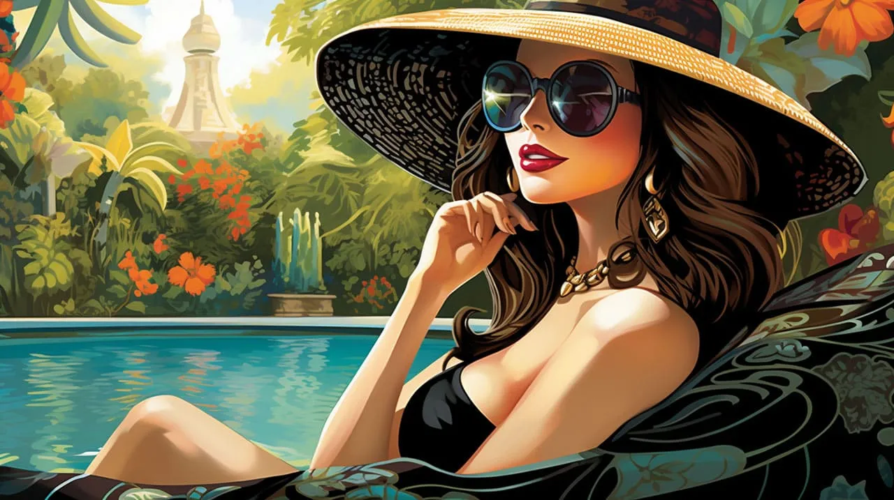 A woman relaxing near a pool in summer