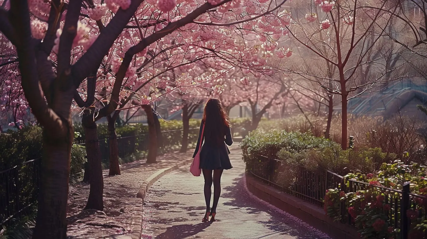 A woman walking beneath blooming cherry blossom trees