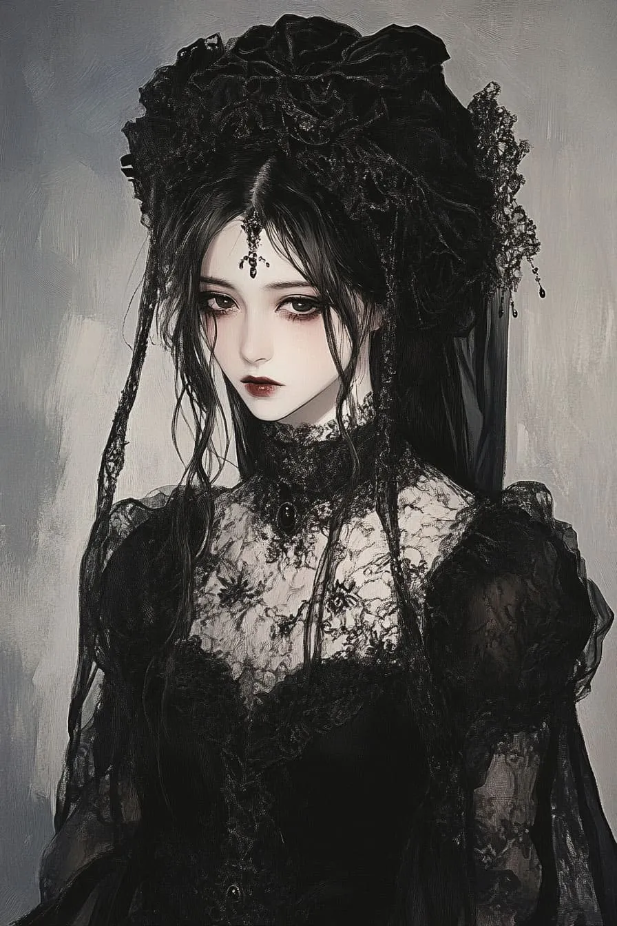 Josei anime woman in a devilcore outfit, blending dark gothic details with elegant style