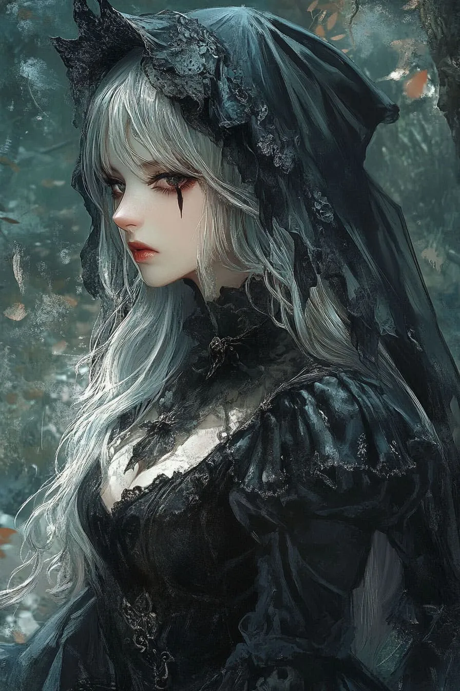 Josei anime character dressed in devilcore fashion, mixing black lace with bold red accents