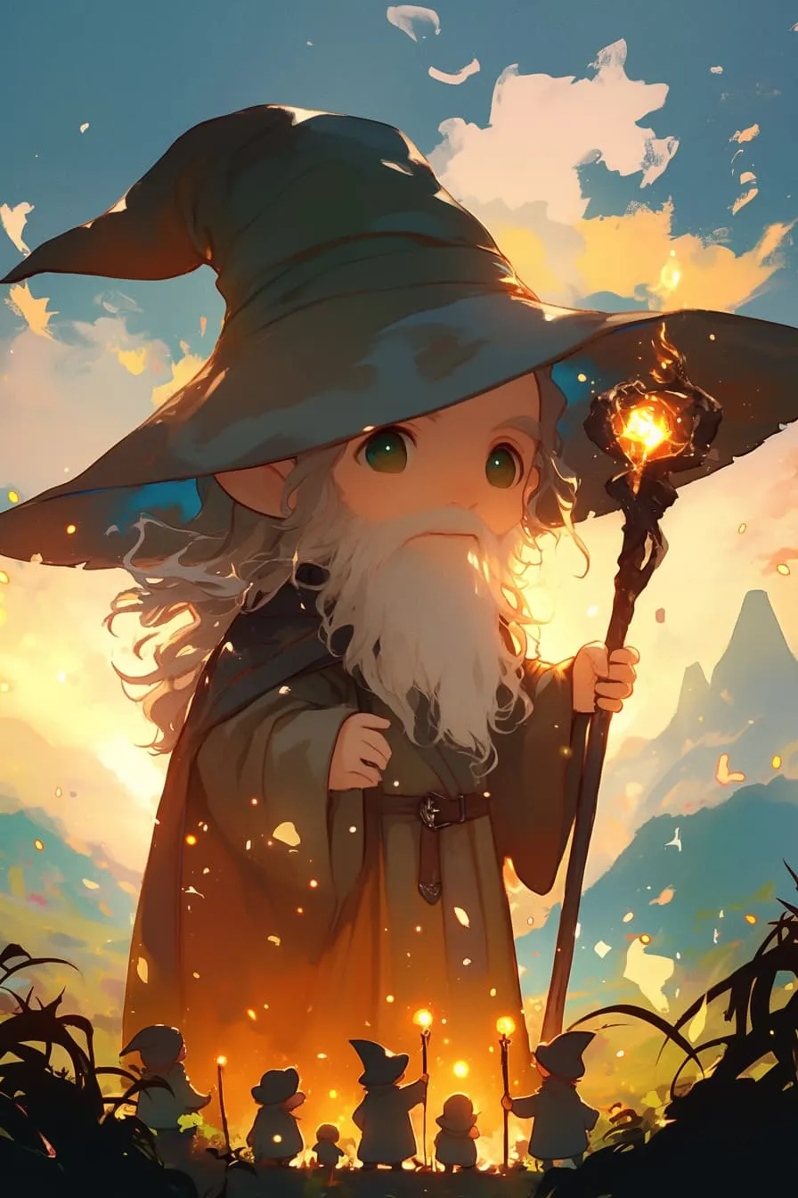 Chibi wizard resembling Gandalf, holding a staff in the mini Middle-earth style