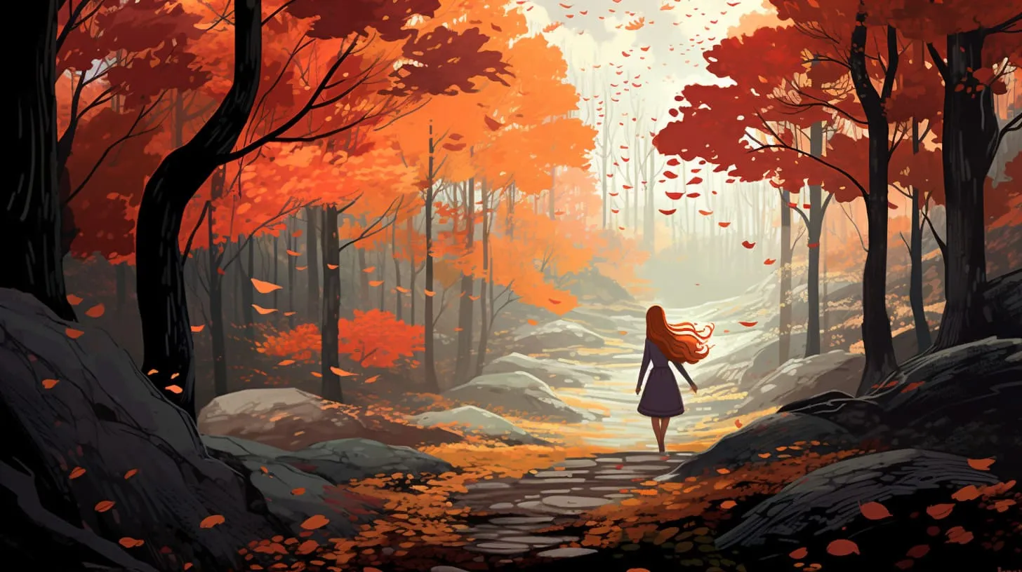 A redheaded woman walking a woodland path in autumn