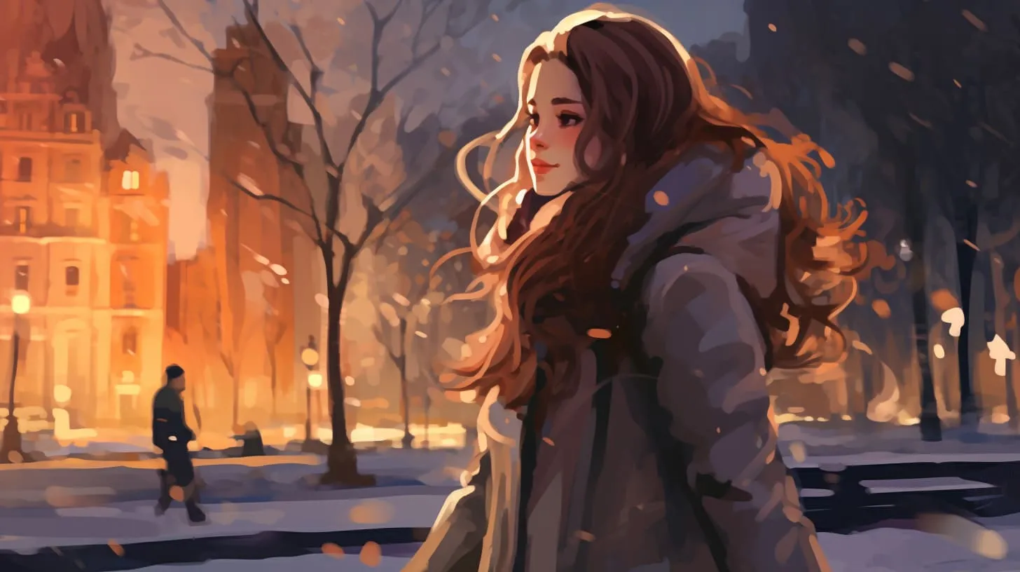 A young woman in the city on a winter evening