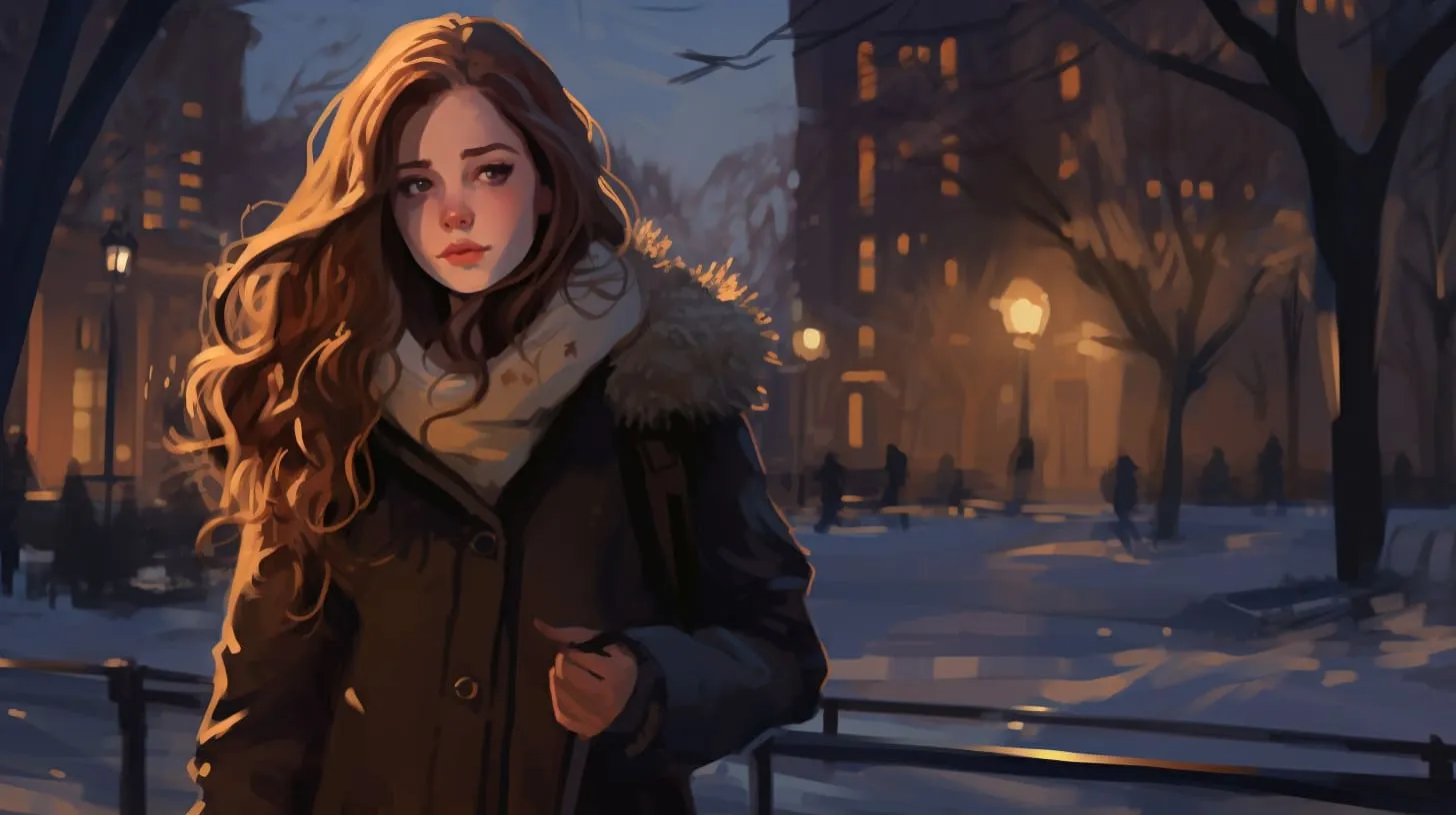 A young woman walking through the city on a snowy night