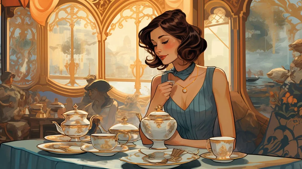 A woman seated in a refined tea parlor