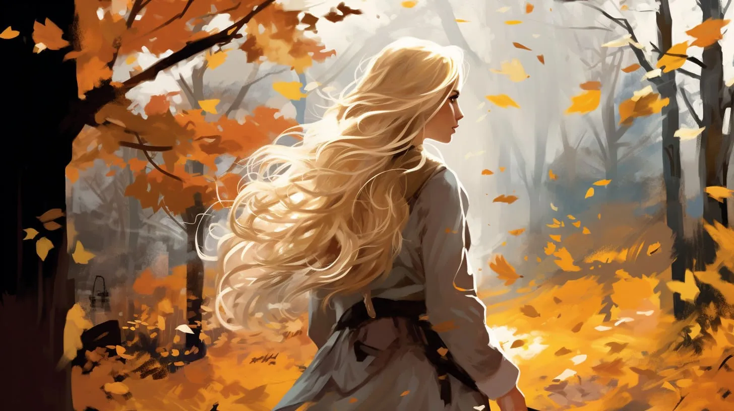 A blonde woman standing among autumn-colored trees