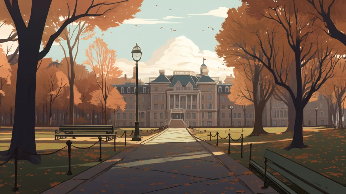 A campus landscape under gray November skies
