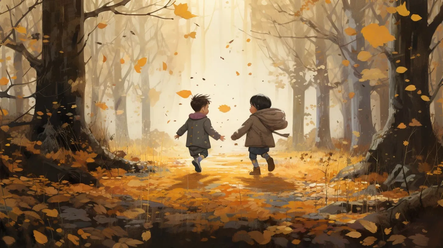 Children playing among fallen leaves in the autumn woods