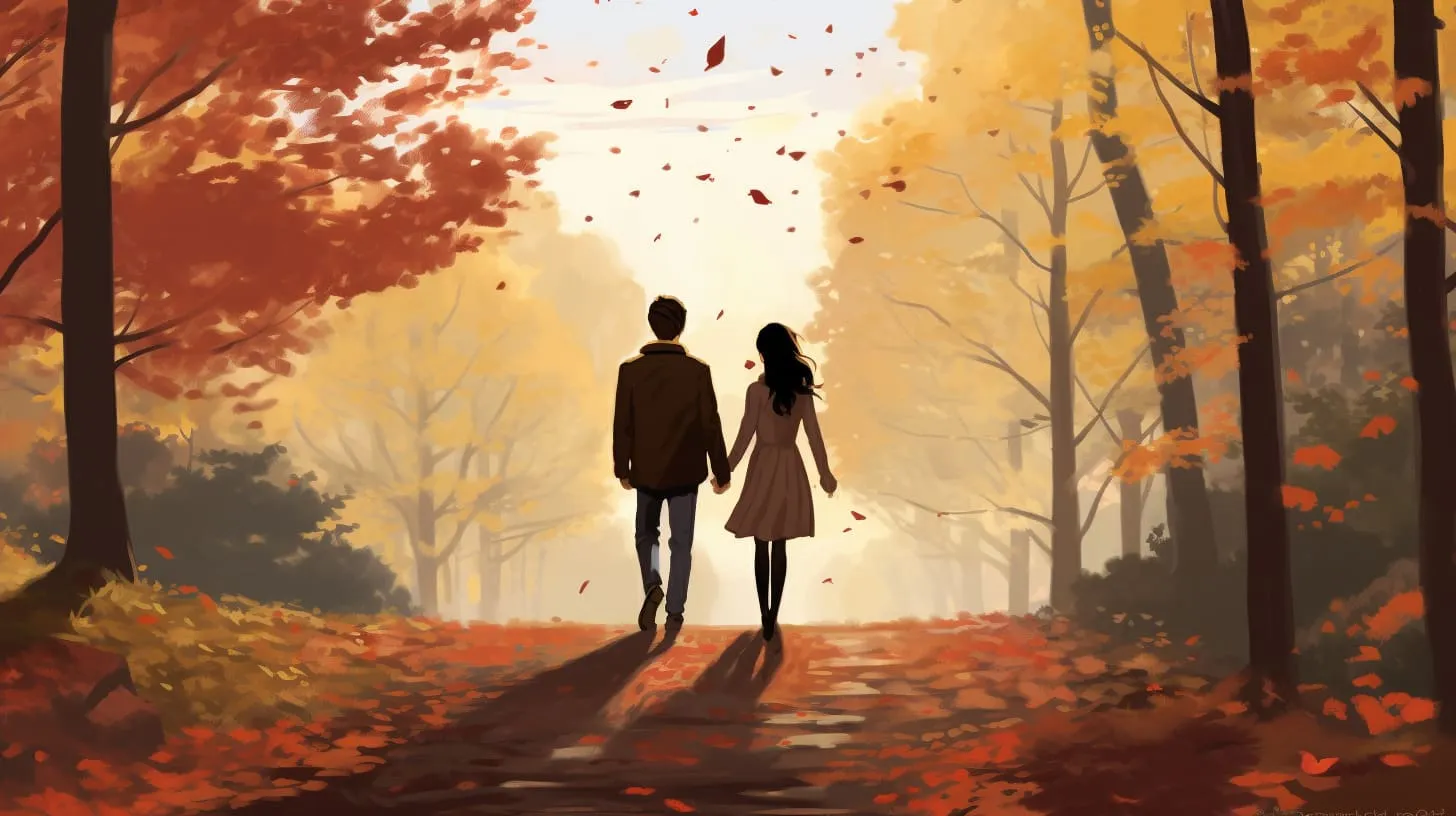 A couple walking together through the autumn woods