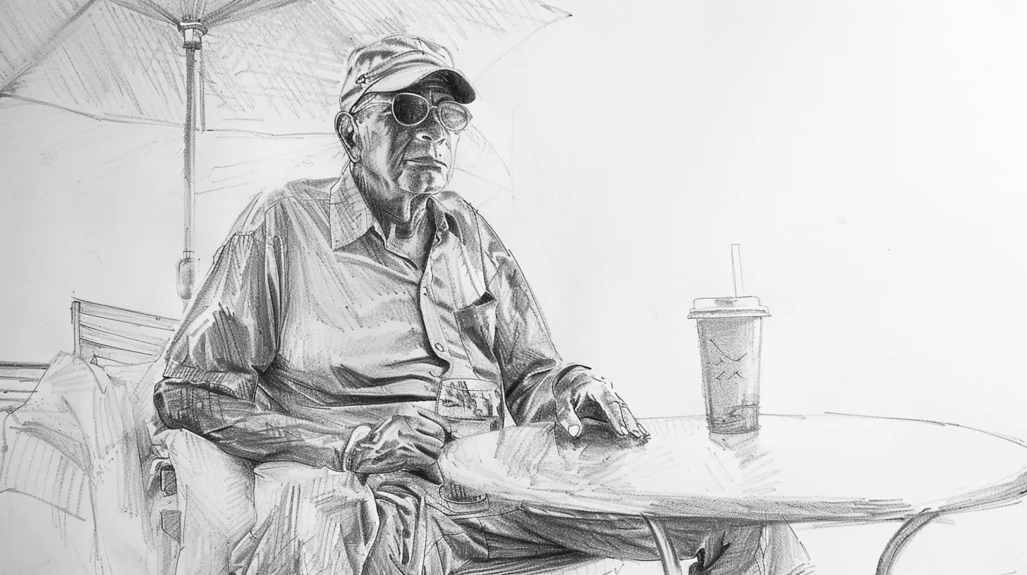Sketch of an elderly man sitting alone in the shade