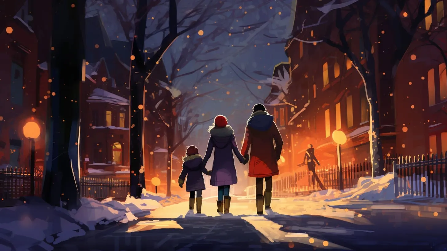 A family out together in the city on a winter night