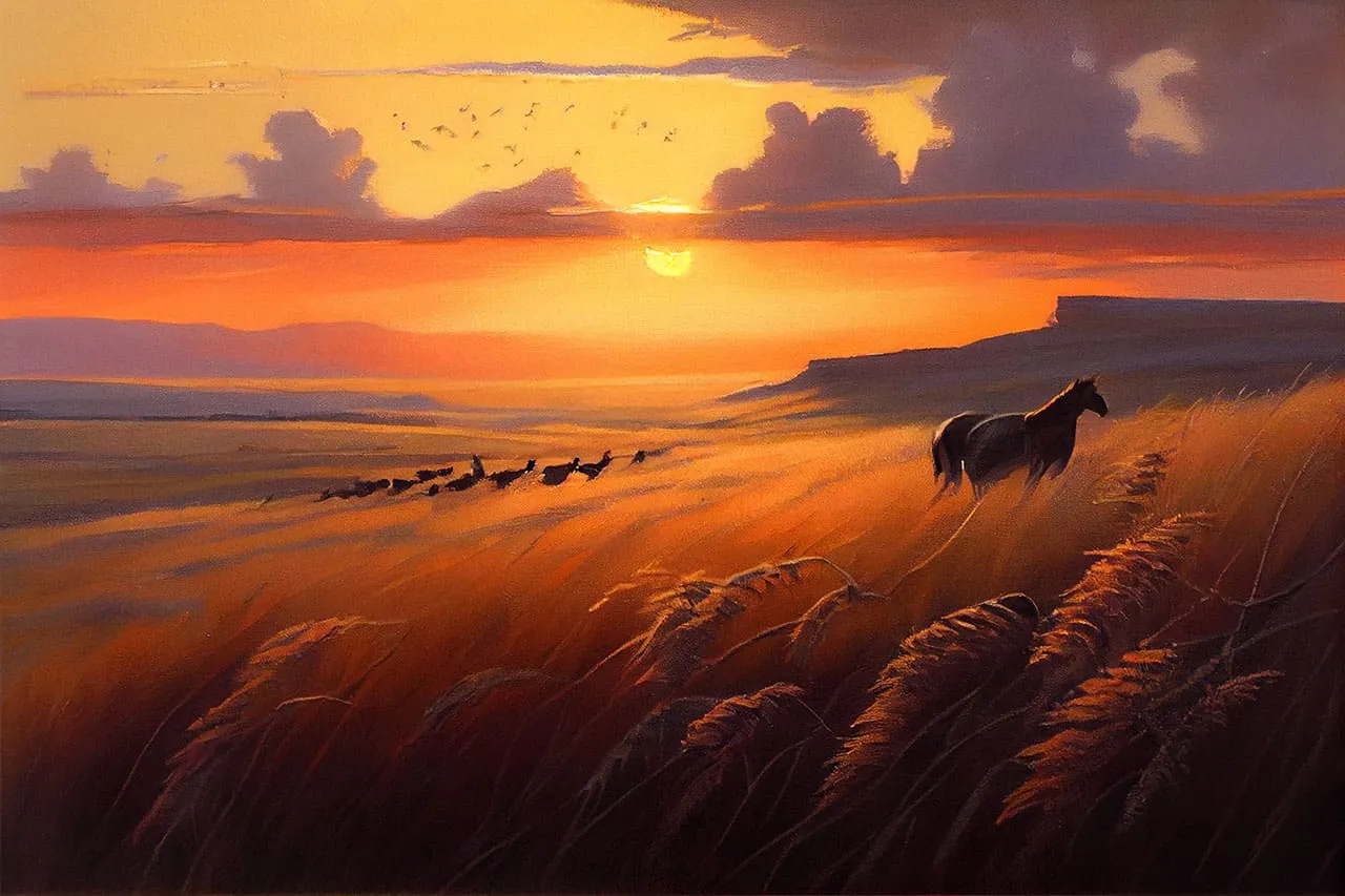 Horses in a field at sunset, painted in fine tip markers