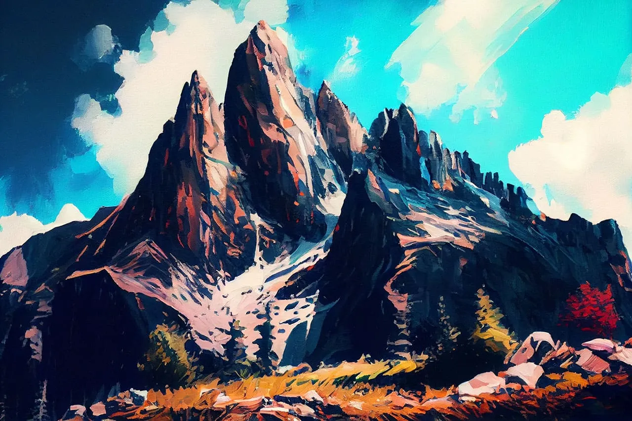 A mountain range under a clear blue sky, painted with fine tip markers