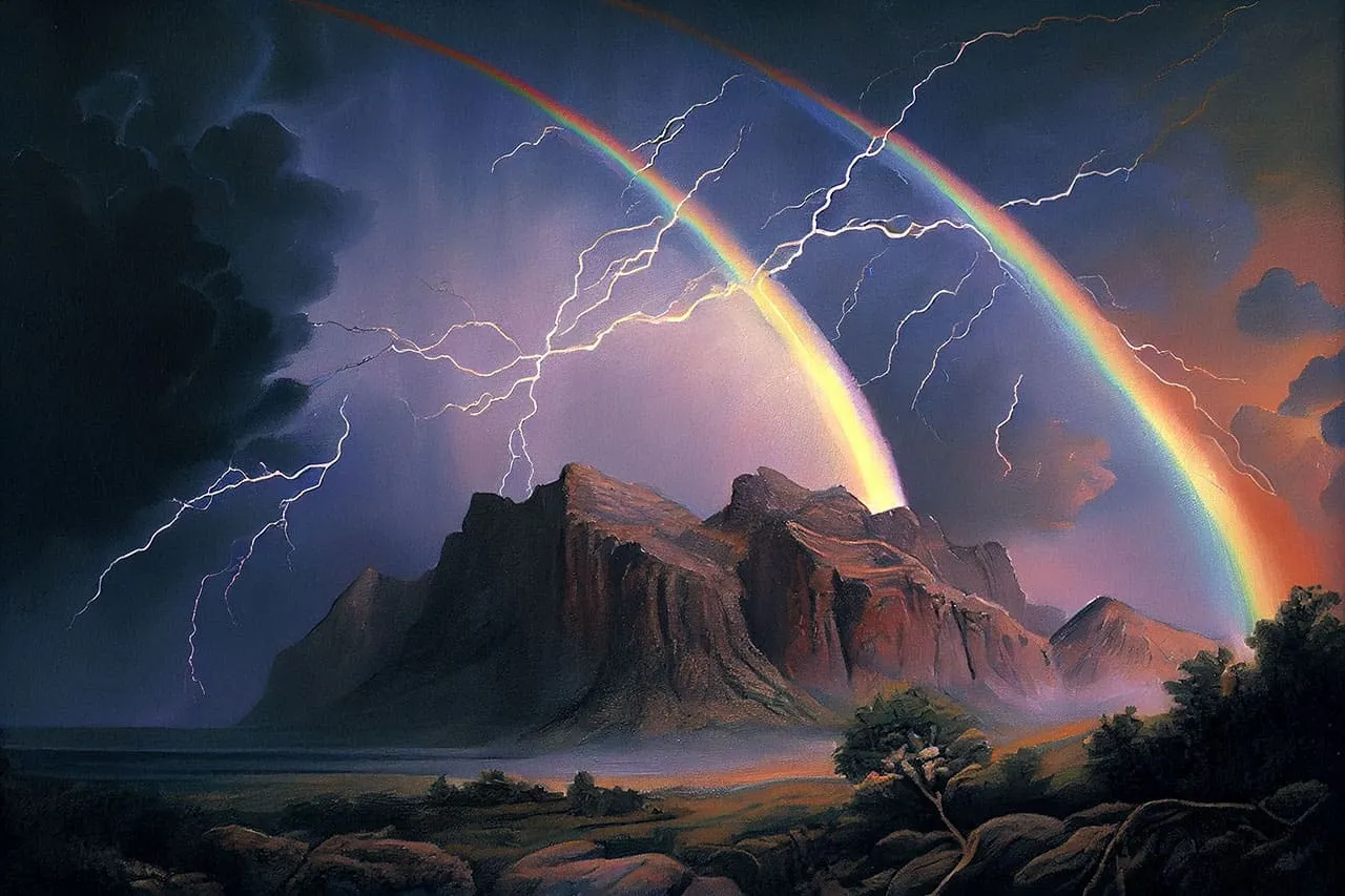 A double rainbow arcing over storm-lit mountains, drawn in fine tip paint markers