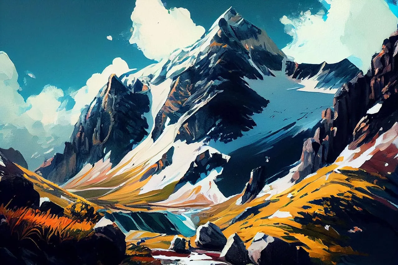A snow-capped mountain peak rendered in fine tip paint markers
