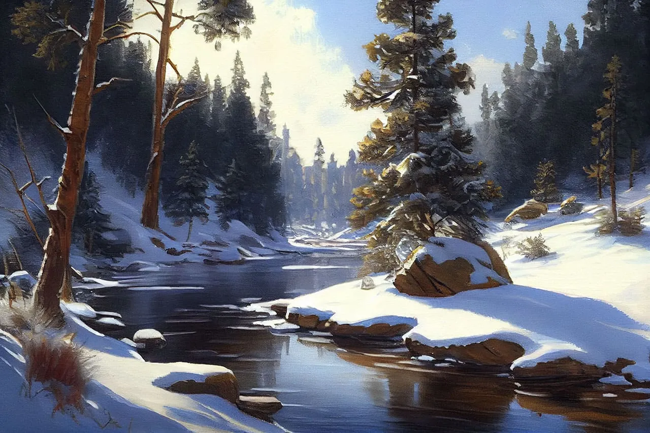 A snow-covered stream winding through a winter forest
