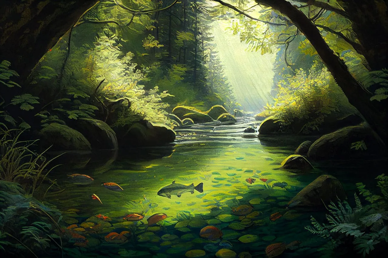 A clear stream with trout visible beneath the surface, drawn in fine tip markers