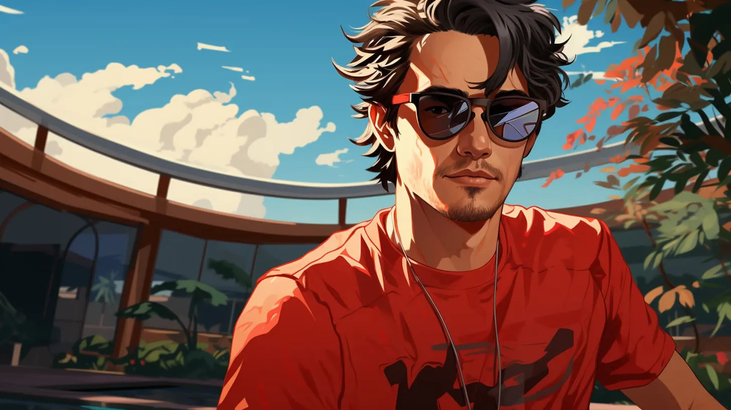 A man in a red shirt lounging by a swimming pool