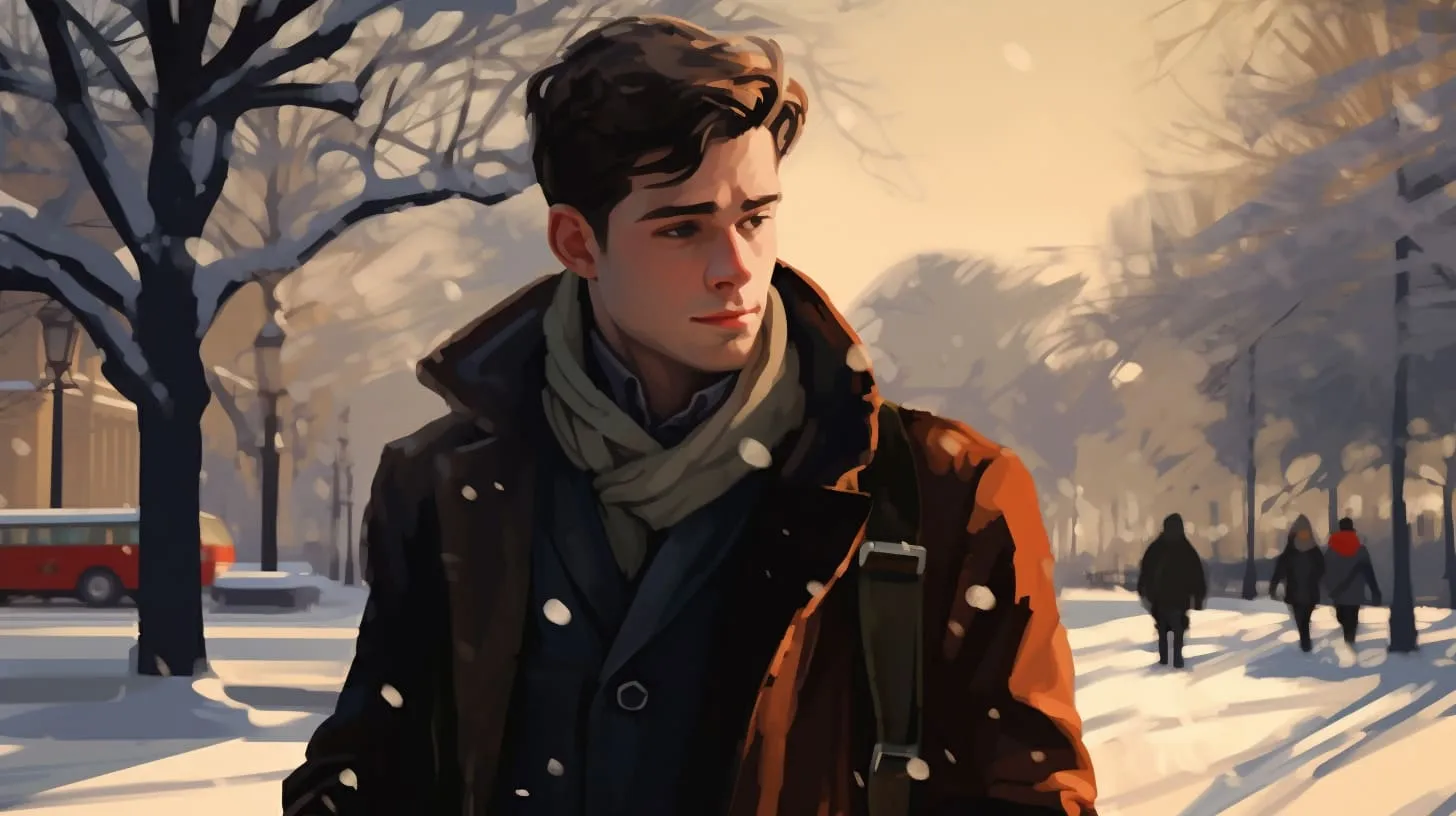 A man walking through the city in a winter scene