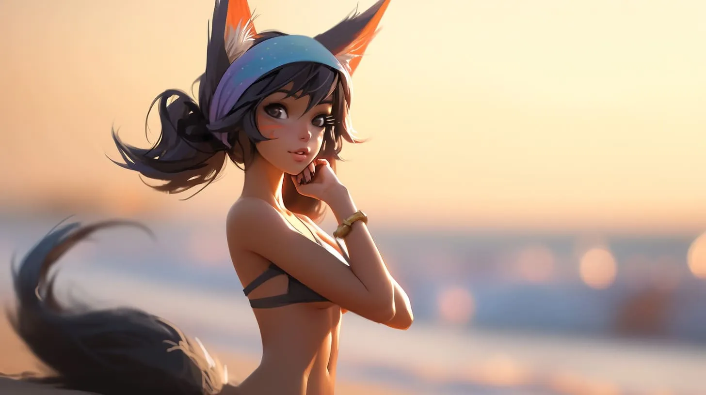 Kemonomimi anime girl with animal ears relaxing in a bikini on the beach