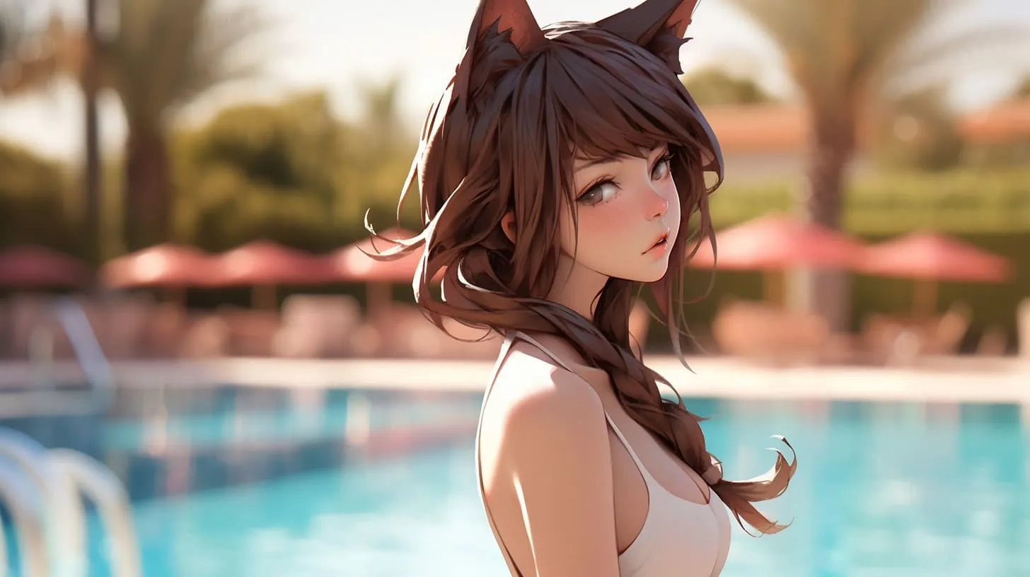 Kemonomimi anime girl with animal ears wearing a white bikini at the pool