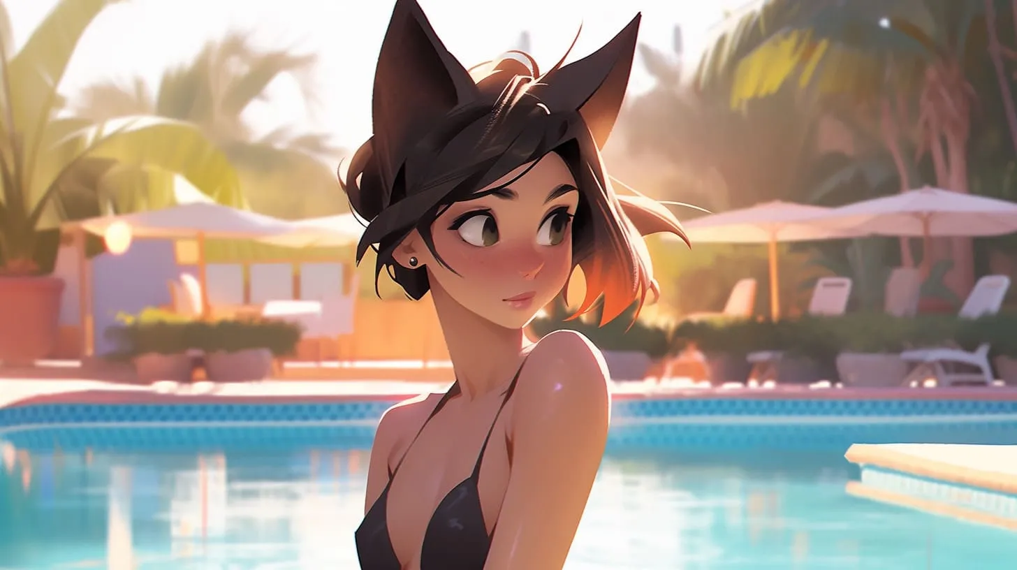 Kemonomimi anime girl with animal ears lounging by the pool in a bikini