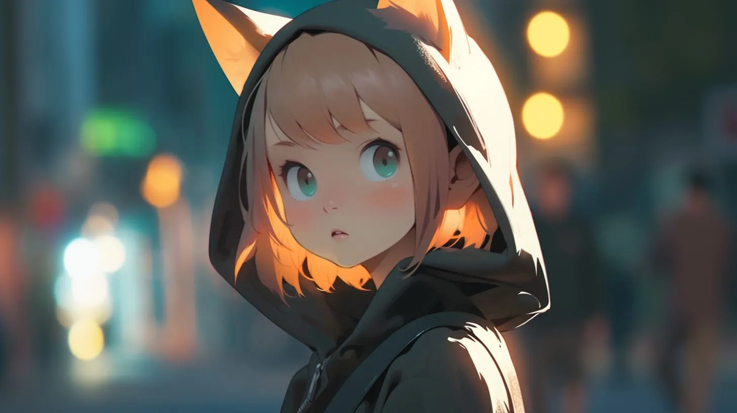 Kemonomimi anime girl with animal ears wearing a hoodie in a city setting